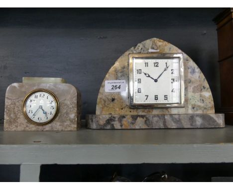 An Art Deco arched top marble mantle clock together with an Art Deco marble and Onyx alarm clock 