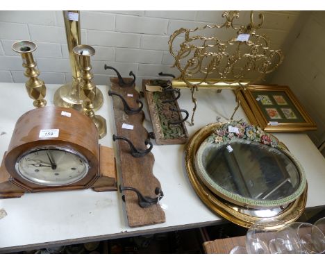 A mixed lot of assorted items to include Barbolar dressing table mirror, large brass candelabra , coat hooks, an Art Deco wal