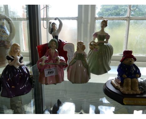 Five assorted royal Doulton lady figurines together to include HN2236 'Affection' and a Beswick ware model of 'Paddington Bea