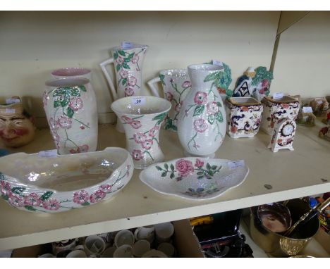 Eight pieces of Maling lustre ware together with three pieces of Mason Ironstone to include mantel clock, also two Masons fre
