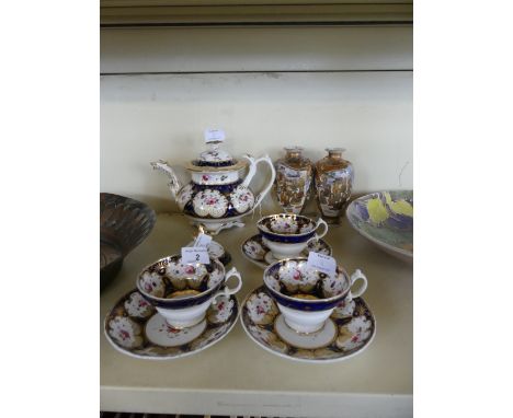 A 19th Century hand-painted part tea service comprising teapot of bulbous form, three cups, three saucers, each having hand-p
