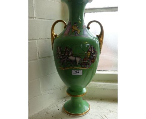 A large Victorian twin handled ceramic floor vase transfer printed with Grecian figures on chariot on green background, heigh