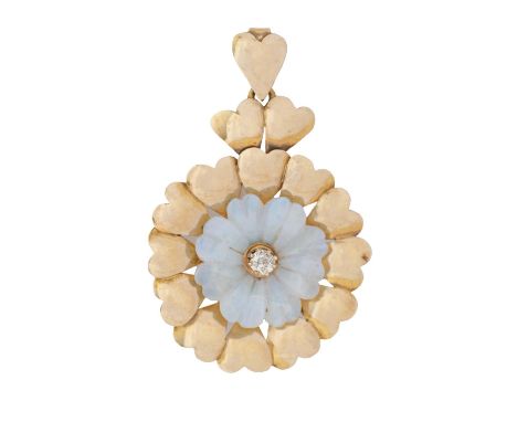 A diamond, carved opal and 9ct gold flower shaped pendant, 40mm, Sheffield 1979, 7g  Good condition