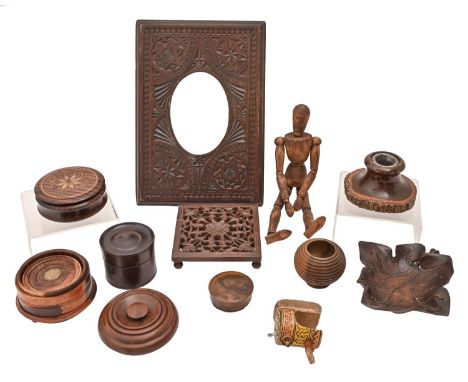 Miscellaneous treen and other items, including turned wood boxes and covers, inkwell, carved oval picture frame and an artist