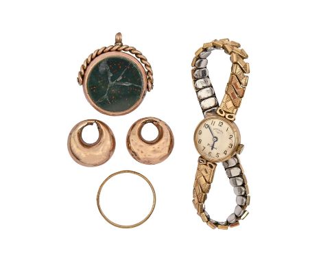 Miscellaneous gold articles, comprising pair of earrings, incomplete, Rotary lady's wristwatch, a 9ct gold bloodstone and cor