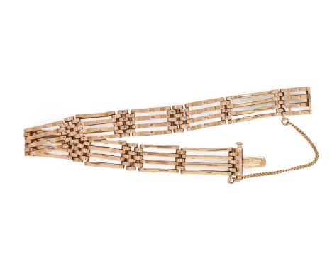 A gold gate bracelet, 18cm l, marked 9ct, 16g  Light wear