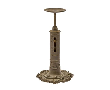 A Victorian patinated brass 'candlestick' postal scale, Joshua and Edmund Ratcliffe, on cast strapwork foot, 17cm h  Complete