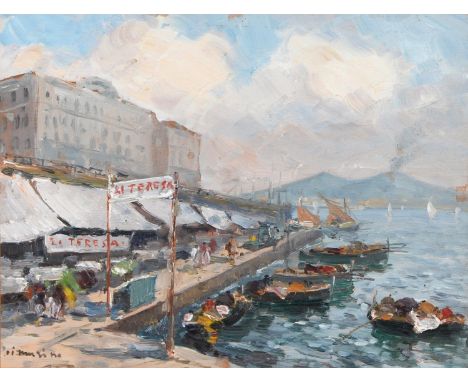 Francesco Di Marino (Italian Impressionist, 1892-1954) - The Bay of Naples, signed, oil, 26.5 x 34cm  Good condition.