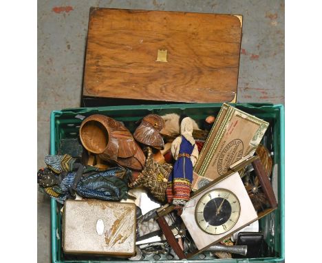 A Victorian walnut writing box, dolls, mantle clock, vintage tins, etc  