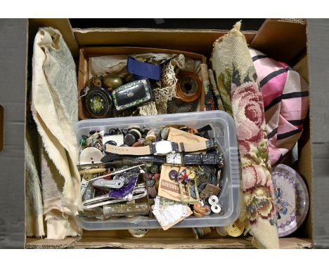 Miscellaneous items, including Victorian papier mache snuff box, sewing tools and accessories, including beads and buttons, b