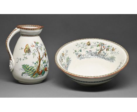 A Beech &amp; Hancock earthenware Borneo pattern chamber jug and basin, late 19th c, basin 39cm diam, printed mark  Undamaged