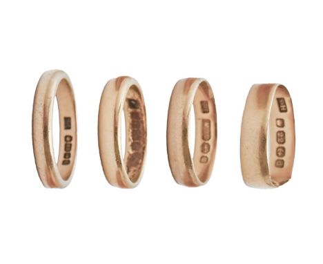 Four Victorian, Edwardian and later 22ct gold wedding rings, 15.8g, size J and K  One damaged