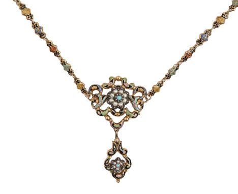 An Austro Hungarian revivalist split turquoise, split pearl and gold and enamel necklet, c1900, pendant 45mm, 7g  Enamel slig