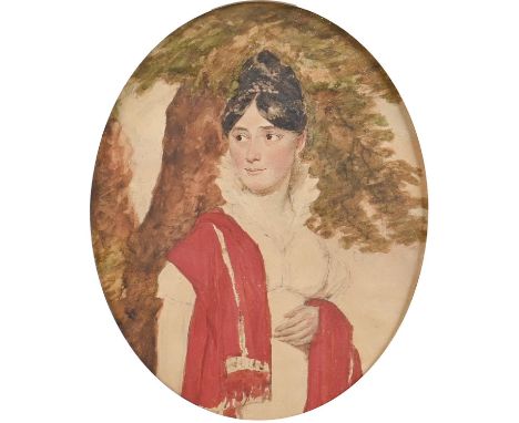 English School, 19th c - Portrait of a Young Woman before a Tree, watercolour, unfinished, oval, 23.5cm  Some slight browning