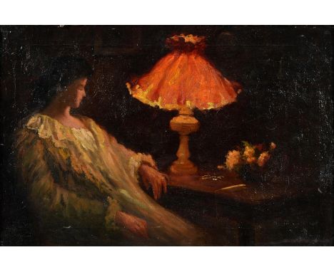 Gertrude Ellen Hayes, ARE (1872-1956)&nbsp;- A Lady by an Oil Lamp, signed and dated 1899, oil on canvas, 51 x 76m  Discreetl