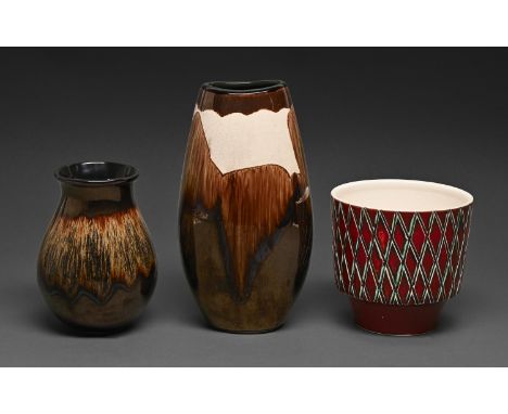Two Poole Pottery vases and a flowerpot, c1980 and later, the largest 25cm h, printed or moulded mark  Undamaged