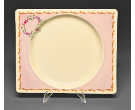Clarice Cliff. An Aurora Rose Biarritz plate, 1936, 19 x 23cm, printed marks  One or two very small scratches on pink ground,