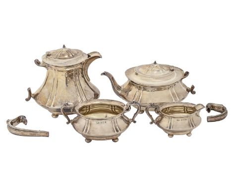 A George V four-piece silver tea service, lidded jug 20cm h, by J Gloster Ltd, Birmingham 1925, 60ozs  Light polish wear. Not