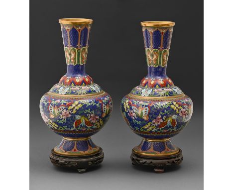 A pair of Chinese cloisonne enamel vases, late 20th / 21st c, 32cm h, wood stands  