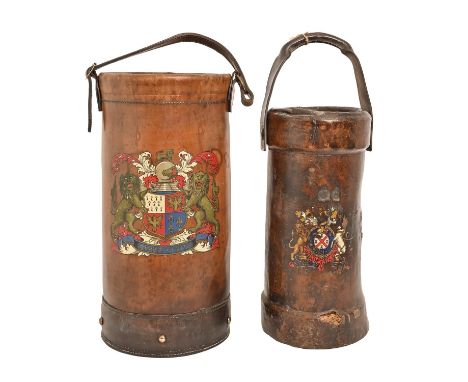 A late 19th c leather cordite bucket, painted with a coat of arms, 44cm h and a later leather stick or umbrella stand in the 