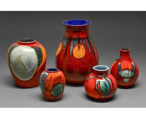 Five Poole Pottery 'Living Glaze' vases, 20th / 21st c, the largest 21cm h, moulded or printed mark  