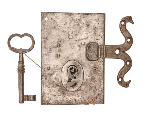 A George III steel trunk lock and key, lockplate 12 x 16cm  