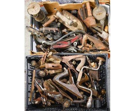 A quantity of carpenter's hand tools and miscellaneous ironmongery, including steam irons, Davy lamp, foot pump, etc  Conditi