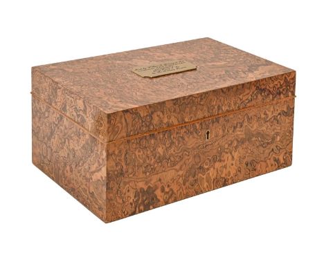 A burr walnut humidor, with brass presentation plaque, 15 x 35 x 21cm  Overall good condition with some minor light surface s