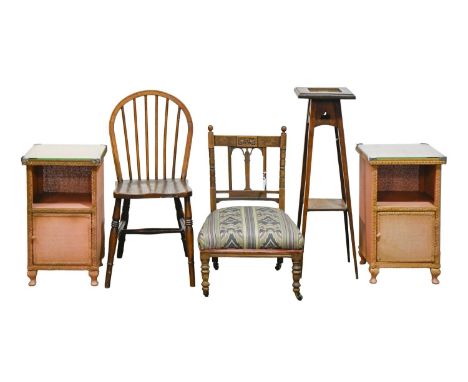 A pair of Lloyd Loom bedside cabinets,&nbsp;62cm h, a carved mahogany nursing chair, stained ash dining chair and an oak torc
