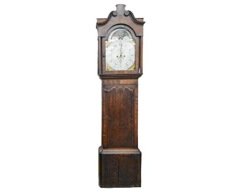 A Victorian eight day oak and mahogany longcase clock, the painted dial with lunar work to the arch, 221cm h  Glass in door d