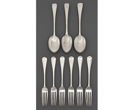 A set of six Victorian silver table forks, Old English pattern, by Josiah Williams &amp; Co, London 1895, a pair of silver ta