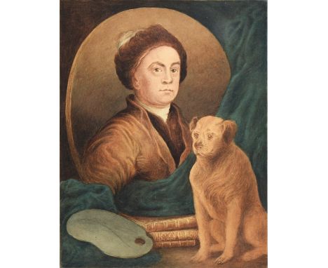 After William Hogarth FRSA - Self-portrait with Trump, his pug dog, inscribed, trompe-l'œil mount, watercolour, 29 x 22.5cm  