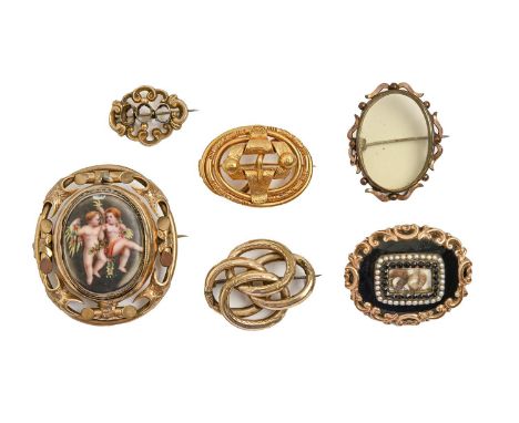 A Victorian jet, split pearl and gold and giltmetal and enamel mourning brooch,&nbsp; engraved with inscriptions and dates, 4