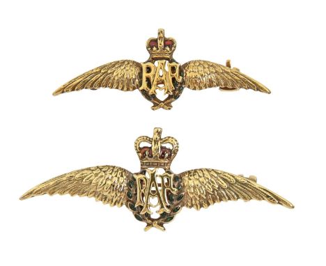 Two 9ct gold and enamel Royal Air Force sweetheart's brooches, 32 and 41mm l, both Birmingham, 1981 and 1984, 5.1g  