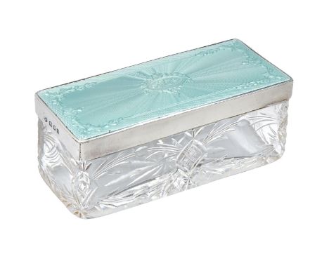 A George V cut glass trinket box, with silver and blue guilloche enamel cover, 10.5cm l, by Robert Pringle &amp; Sons, London