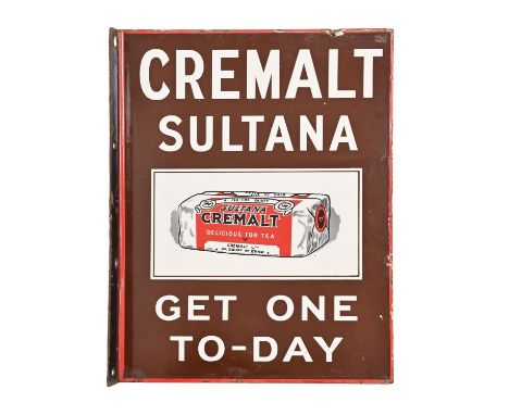 Advertising. CREMALT SULTANA GET ONE TO-DAY red, brown, white and black double sided enamel sign,&nbsp;second quarter 20th c,