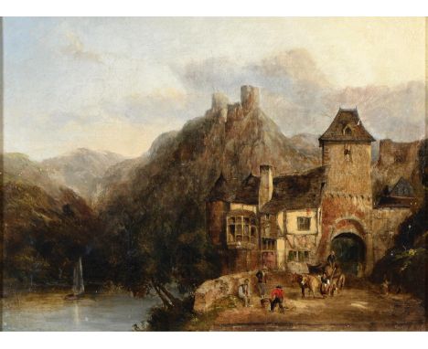 English School, 19th c - Continental Mountainous Landscape with Peasants by a Fortified Gate, indistinctly signed Cole..., oi