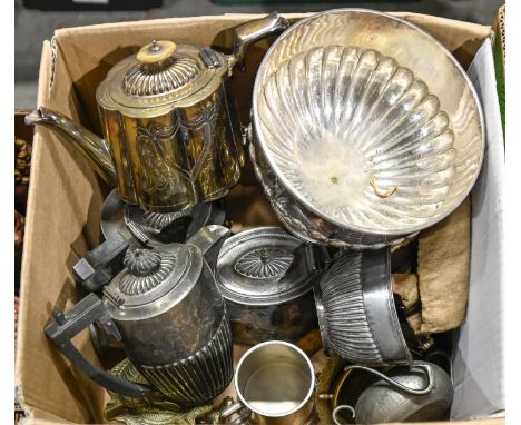 Miscellaneous plated ware, to include tea service and rose bowl, ornamental brass objects, etc  