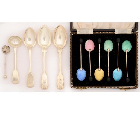 A set of six George VI harlequin guilloche enamel and silver coffee spoons, with bean terminal, by H C Davis, Birmingham 1949