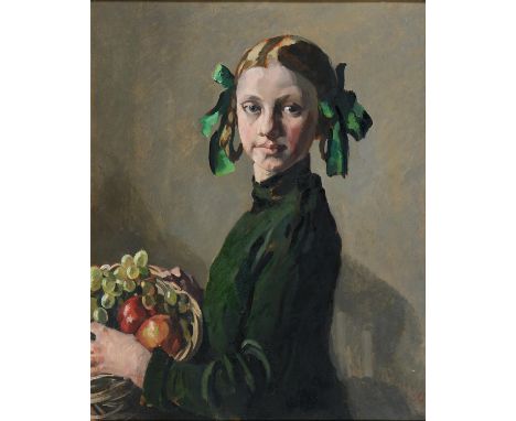 Philip Connard RA, RWS (1875-1958) - Girl in Green with a Basket of Fruit, signed with initials, oil on board, 59 x 49cm  Goo