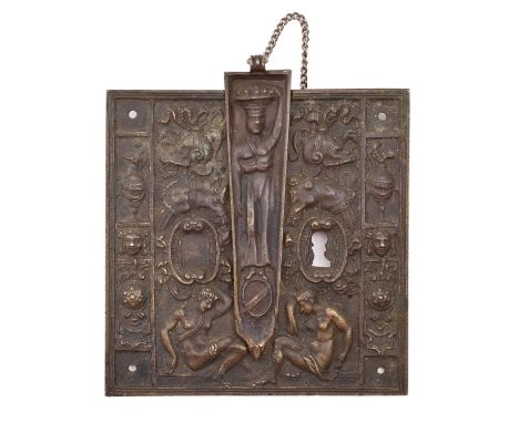 A Continental Historismus cast brass trunk lockplate and latch in Mannerist style,&nbsp;17 x 17cm  Complete, dirty