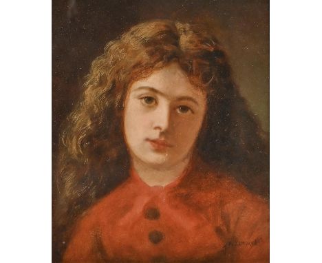 English School, 19th c - Portrait of a Girl in a Red Dress, head and shoulders, bears signature, oil on board, 29.5 x 25cm  I