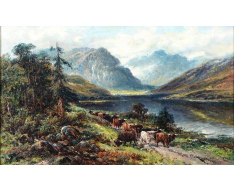 F Allen (Fl. late 19th / early 20th c) - Highland Cattle, signed, oil on canvas, 29.5 x 49cm  Pinhead sized scratch in sky an