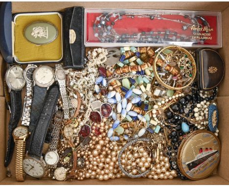 Miscellaneous costume jewellery and watches, 1930s and later and a RMS "Queen Mary" giltmetal pictorial compact  