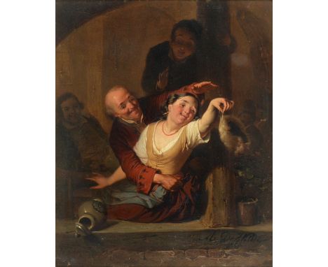 A De Wolde, mid-19th c - The Tease, signed and dated 1850, oil on panel, 26 x 21cm  Lower-left of panel with a stable break. 