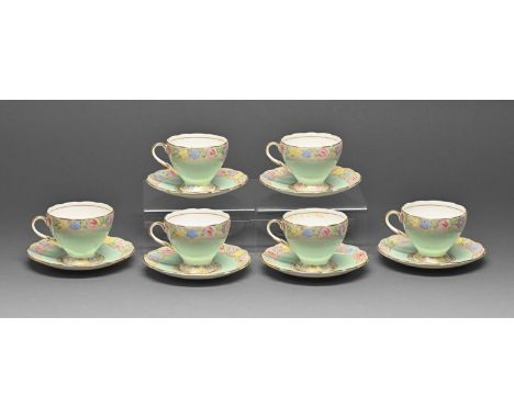 A set of six E Brain &amp; Co Foley China floral cups and saucers, 1930s, saucer 12cm diam, printed mark  Undamaged