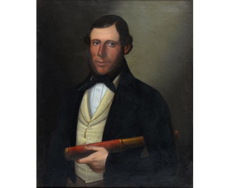 American School, 19th c (ascribed) - Portrait of a Man, half length, in black cravat and coat, gold trimmed yellow waistcoat,