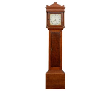 A thirty-hour oak longcase clock, S Peoler Blandford, the 10.5" painted dial with date sector and gilt flower spandrels, in l