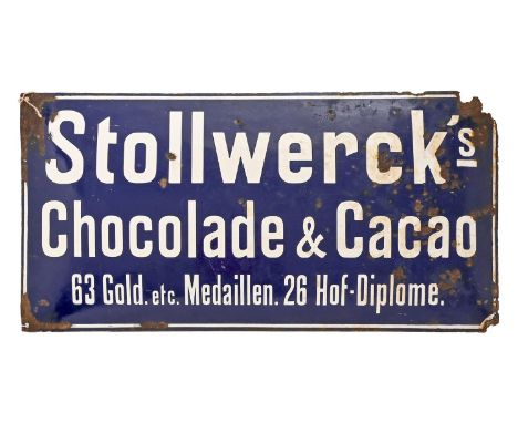 Advertising. Stollwerck's Chocolade&nbsp;&amp; Cacao white and blue enamel sign, early 20th c, 50 x 100cm  Rust resulting in 