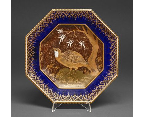 A Copeland bone china dessert plate, 1880s, of St George shape, the white enamel and raised gilt decoration of a quail attrib